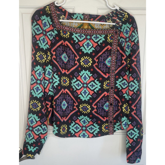 Rachel Roy Women's Print Mixed Button Up Blouse Sz M/L Boho Colorful Moroccan - Picture 1 of 12